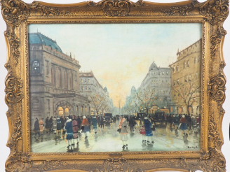 Vente aux enchères A. BERKES. "Les grands boulevards". Huile sur toile, signée en bas à d