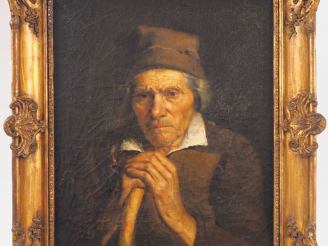 Vente aux enchères CAZABON.  "Homme s'appuyant sur son baton". Huile sur toile, signée en