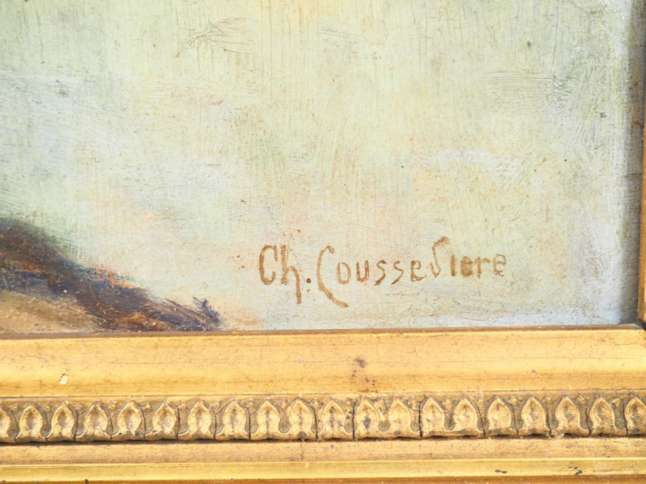 Ch. COUSSEDIERE. "Paysage lacustre".  Huile sur panneau, signée en bas