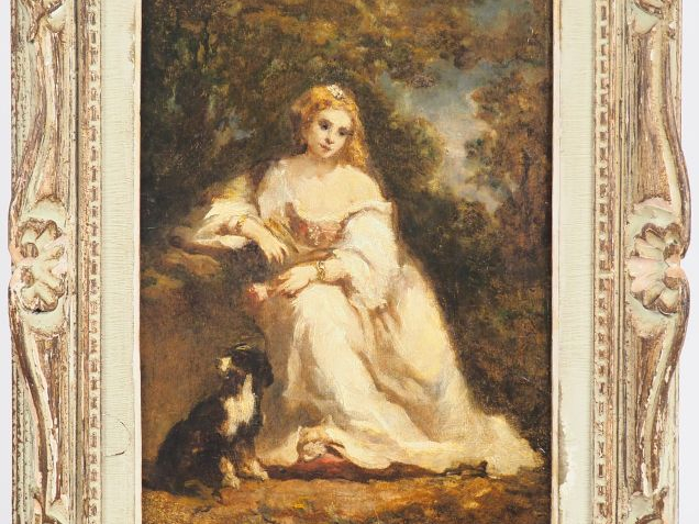 Narcisse DIAZ de la PENA. "Jeune femme et son chien". Huile sur pannea