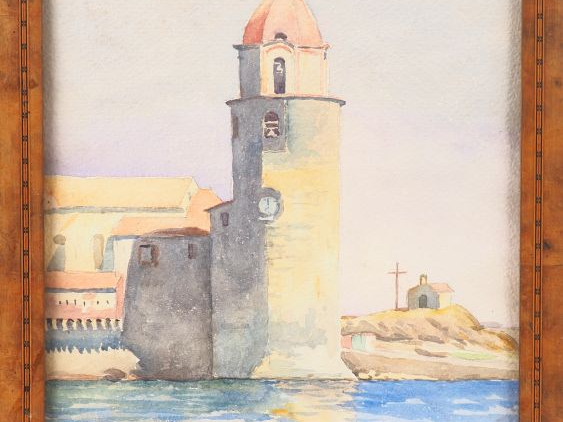DOUZON. "Le clocher de Collioure". Aquarelle, signée en bas à gauche. 