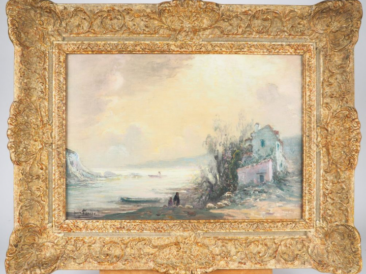 Henri FOREAU.  "Paysage lacustre animé". Huile sur toile, signée en ba