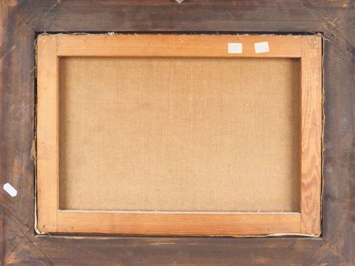 Henri FOREAU.  "Paysage lacustre animé". Huile sur toile, signée en ba