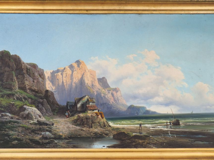 GODCHAUX. "Bord de mer animé". Huile sur toile, signée en bas à gauche