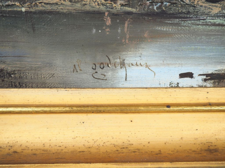 GODCHAUX. "Bord de mer animé". Huile sur toile, signée en bas à gauche