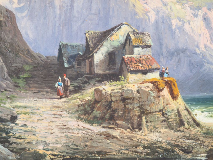 GODCHAUX. "Bord de mer animé". Huile sur toile, signée en bas à gauche