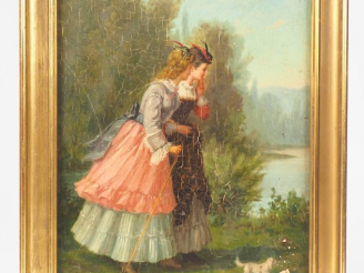 Vente aux enchères HELLOUIN.  "La promenade" Huile sur panneau, signée en bas à gauche. D