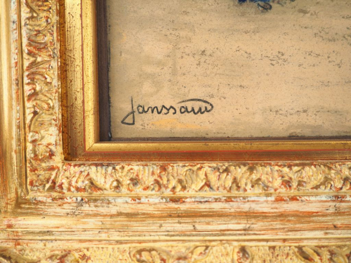 JANSSAUD. "Plage bretonne animée". Pastel, signé en bas à gauche. Dim.