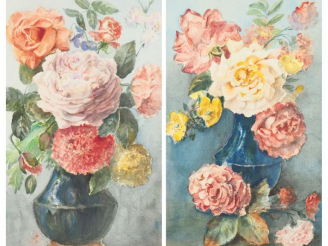 Vente aux enchères Marthe La LYRE LEVESQUES. "Nature morte aux fleurs". Deux d'aquarelles
