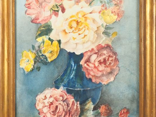 Marthe La LYRE LEVESQUES. "Nature morte aux fleurs". Deux d'aquarelles