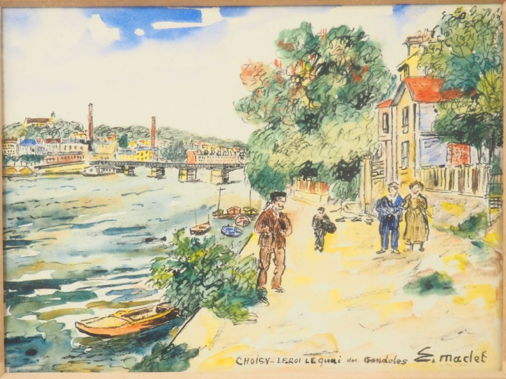 Elisée MACLET. "Choisy le Roi, le quai des gondoles". Aquarelle, signé