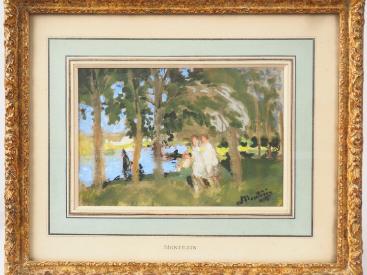 E. MONTEZIN.  "Personnages au bord de la rivière" Gouache sur papier, 