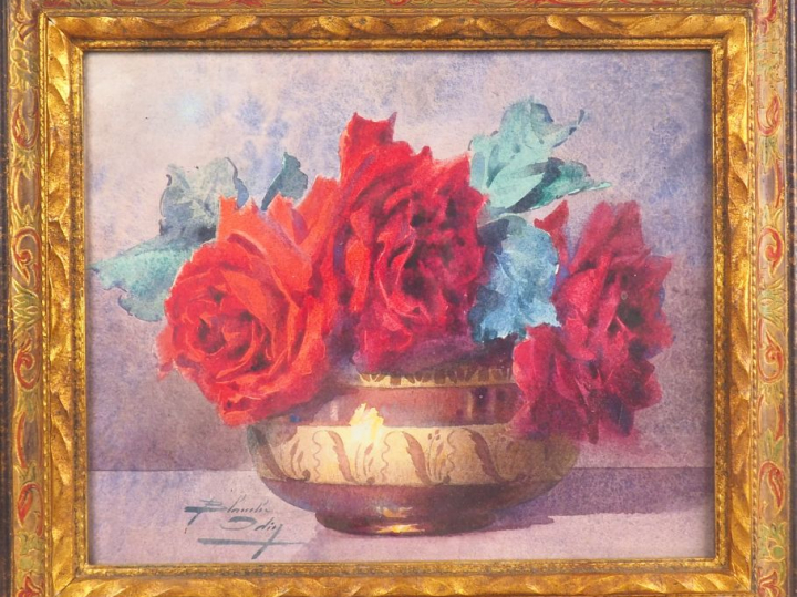 Blanche ODIN. "Bouquet de roses rouges". Aquarelle, signée en bas à ga