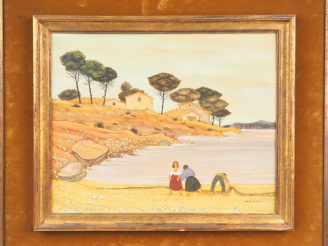 Vente aux enchères Max SAVY.  "Pêcheurs près de l'étang" Huile sur toile, signée en bas à