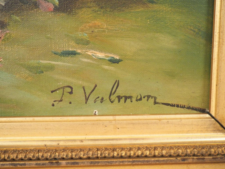 P. VALMON. "Nature morte au bouquet de fleurs" Huile sur toile, signée