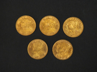 Vente aux enchères Cinq pièces de 20 Francs or Helvetia, 1935-LB. FRAIS ACHETEURS 5% TTC.