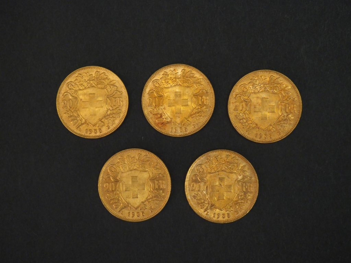 Cinq pièces de 20 Francs or Helvetia, 1935-LB. FRAIS ACHETEURS 5% TTC.
