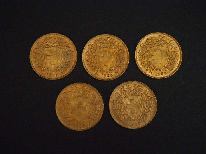 Cinq pièces de 20 Francs or Helvetia, 1935-LB. FRAIS ACHETEURS 5% TTC.