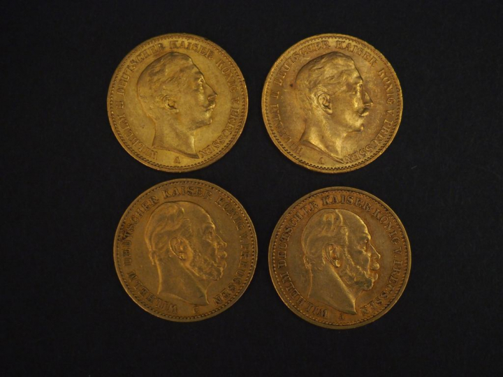 Quatre pièces de 20 Mark or, 1872, 1887, 1899 et 1912.  FRAIS ACHETEUR