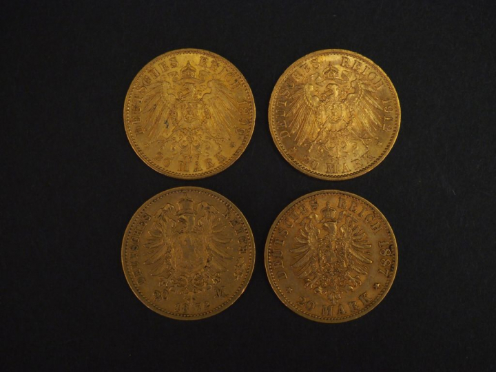 Quatre pièces de 20 Mark or, 1872, 1887, 1899 et 1912.  FRAIS ACHETEUR