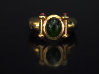 Vente aux enchères KORLOFF.  Bague en or jaune, sertie en son centre d'une pierre verte c