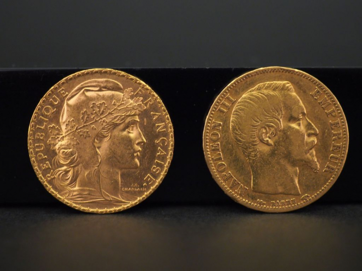 Deux pièces de 20 Francs or, 1854-A et 1903. FRAIS ACHETEURS 5% TTC.  