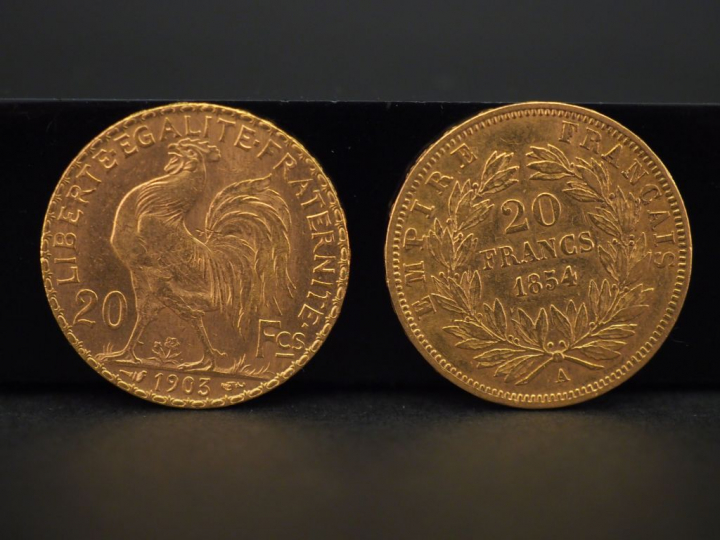 Deux pièces de 20 Francs or, 1854-A et 1903. FRAIS ACHETEURS 5% TTC.  