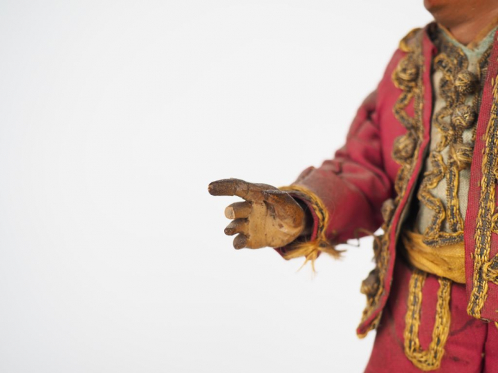 Santon napolitain fin XVIIIème début XIXème, yeux en sulfure, soierie 