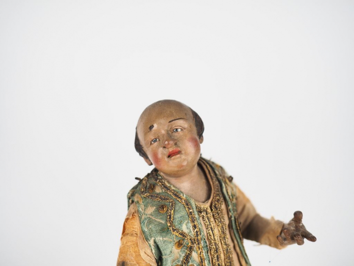 Santon napolitain fin XVIIIème début XIXème, yeux en sulfure, soierie 