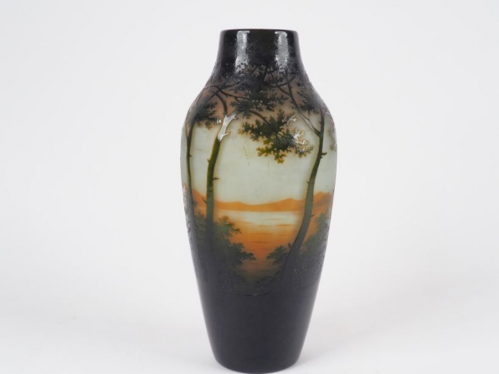D'ARGENTAL.  Vase ovoïde en verre polychrome décor gravé en camée et à