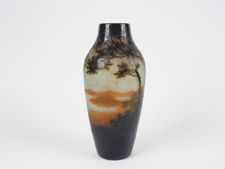 D'ARGENTAL.  Vase ovoïde en verre polychrome décor gravé en camée et à