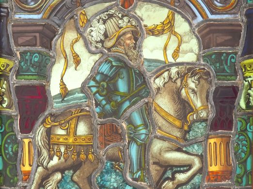 Vitrail encadré XIXème figurant Henri IV à cheval. Dim. 45 x 31 cm