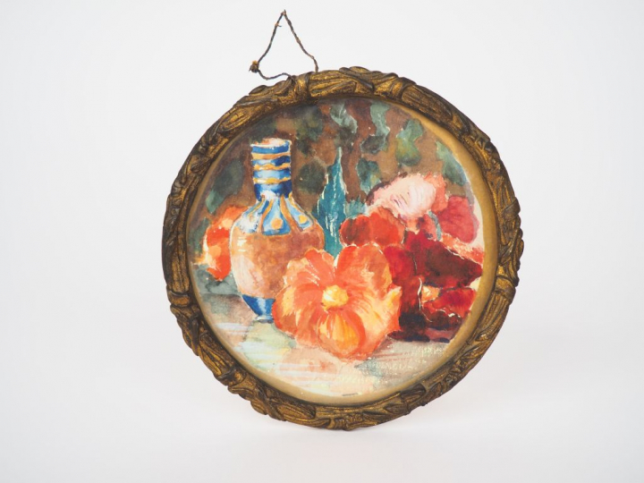 Ecole française vers 1900.  "nature morte aux fleurs". Aquarelle en to