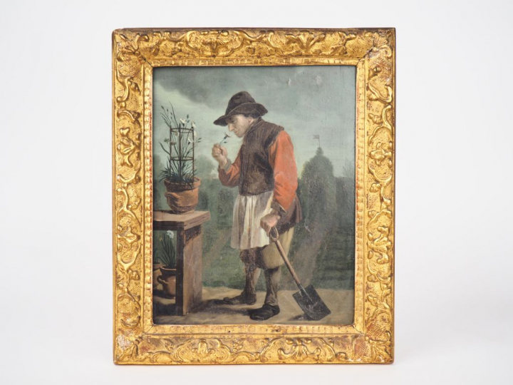 Ecole du Nord XVIIIème. "le jardinier" Huile sur panneau Dim. 28 x 21,