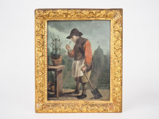 Vente aux enchères Ecole du Nord XVIIIème. "le jardinier" Huile sur panneau Dim. 28 x 21,