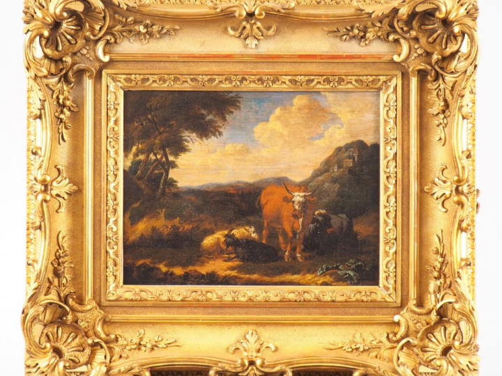 ROSA DE TIVOLI (attribuée à). "Paysage animé aux animaux" Huile sur pa