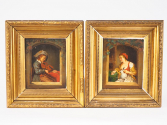 Vente aux enchères Ecole du Nord XIXème. "la domestique" et "le violoniste" Paire d'huile