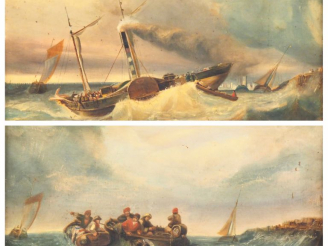 Vente aux enchères Ecole française XIXème.  "Marine"  Paire d'huiles sur carton  Dim. 34 