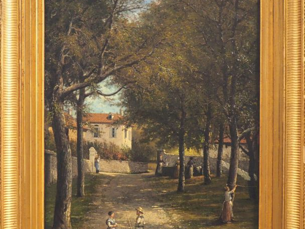 Ecole française XIXème.  "Conversation dans l'allée" Huile sur toile, 