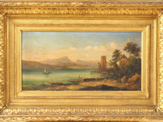 Vente aux enchères Ecole française ou italienne XIXème.   "paysage lacustre animé" Huile 