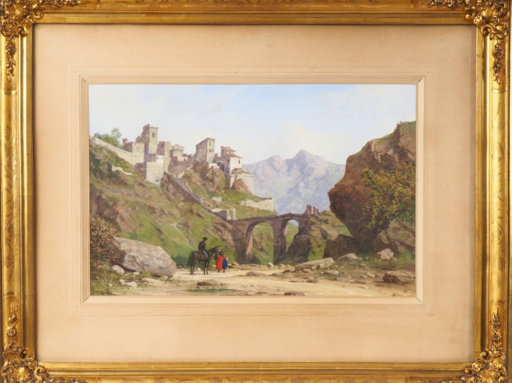 Ecole française fin XIXème.  "paysage de montagne animé" Gouache, sign