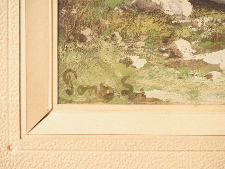 Ecole française fin XIXème.  "paysage de montagne animé" Gouache, sign