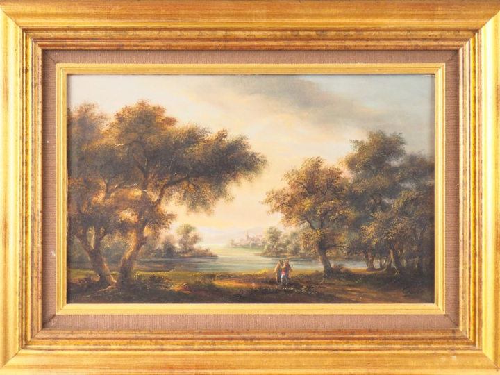 Ecole française fin XIXème début XXème. "paysage lacustre animé" Huile