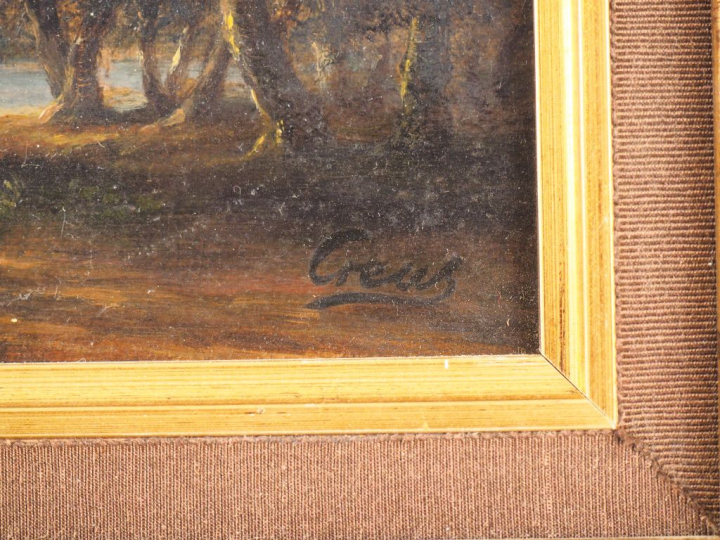 Ecole française fin XIXème début XXème. "paysage lacustre animé" Huile