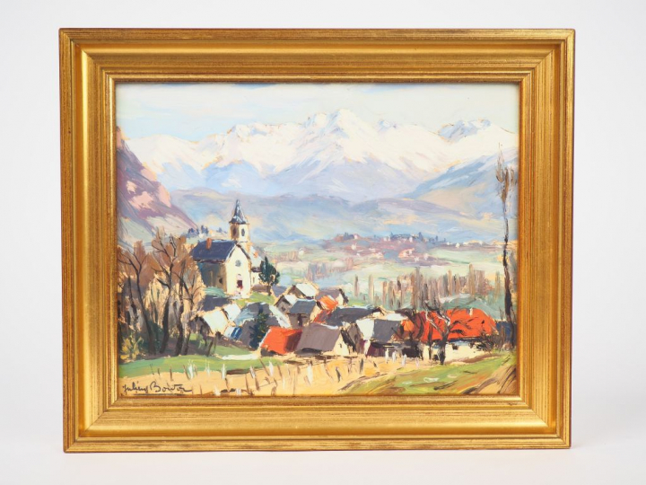 Julien BOUVIER. "paysage de montagne" Huile sur panneau, signée en bas