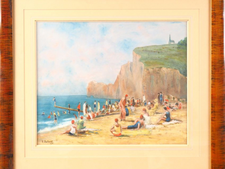 A. DALBRET.  "la plage à Etretat" Gouache, signée en bas à gauche et d