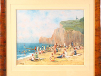 Vente aux enchères A. DALBRET.  "la plage à Etretat" Gouache, signée en bas à gauche et d