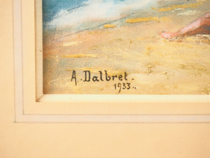 A. DALBRET.  "la plage à Etretat" Gouache, signée en bas à gauche et d