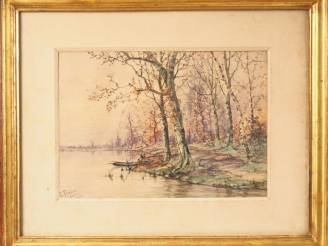 Vente aux enchères E. FEHDMER. "paysage lacustre à la fin de l'automne" Aquarelle, signée