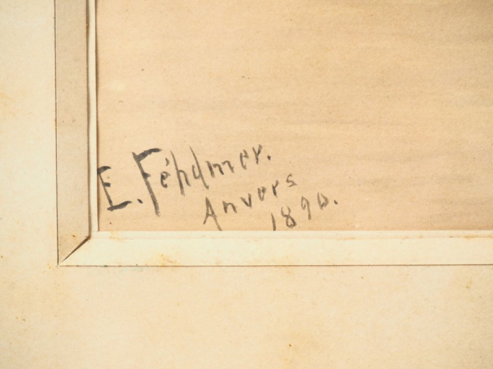 E. FEHDMER. "paysage lacustre à la fin de l'automne" Aquarelle, signée